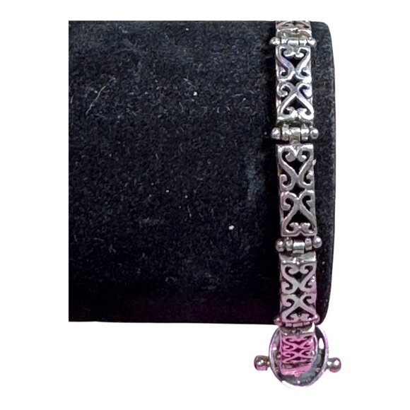 Vintage 925 Sterling Silver Filigree Flower Bracelet Heart Link Signed Toggle - Picture 1 of 9